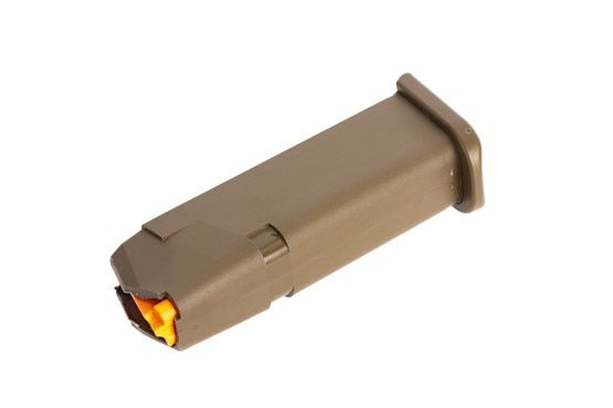 GLOCK factory original G19 Gen5 pistol magazine holds 15 rounds has an FDE finish and hi vis follower